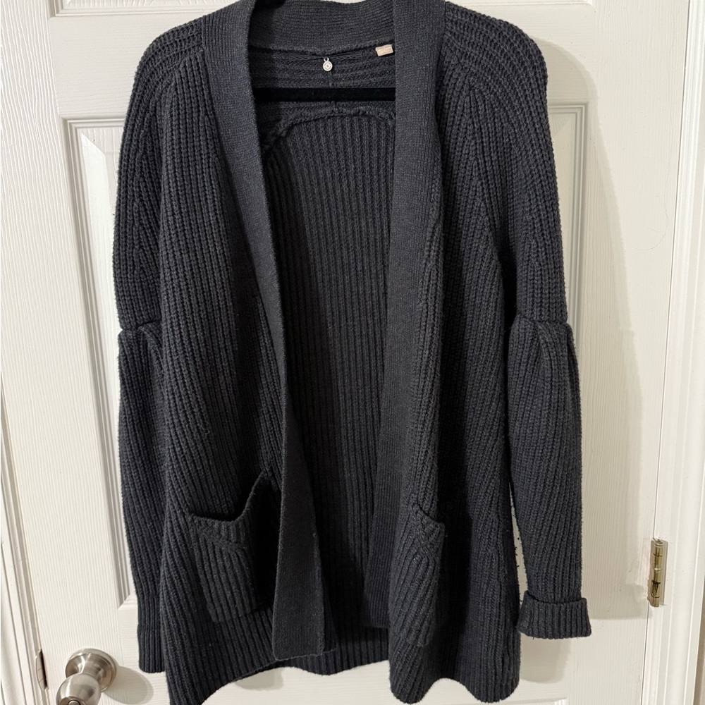Women's Black Ribbed Open-Front Pocket Cardigan